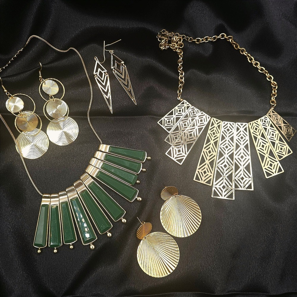 Egyptian Revival Art Deco Gold Tone Statement Jewelry Lot Bib Necklaces Earrings